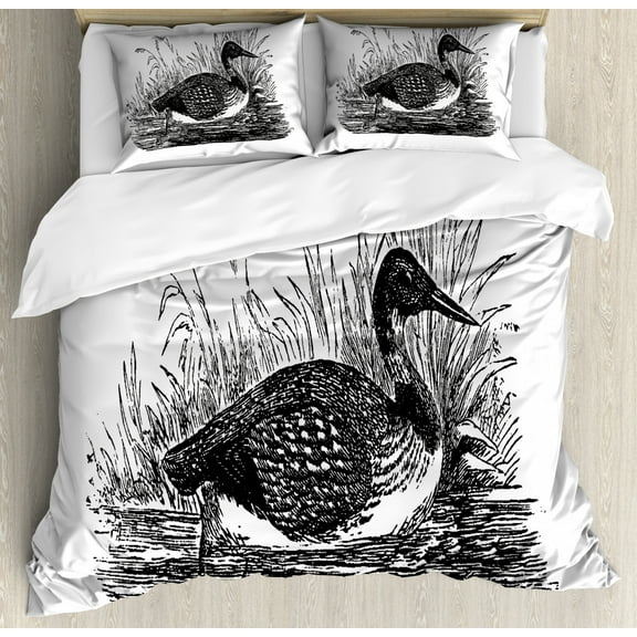 Loon Duvet Cover Set King Size, Monochrome Design of Loon Swimming Drawn by Hand Seabird Artwork, Decorative 3 Piece Bedding Set with 2 Pillow Shams, Charcoal Grey and White, by Ambesonne
