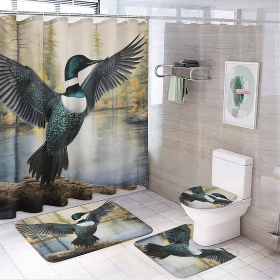 Loon Flexing His Wings 4 Pcs Shower Curtain Sets with Non-Slip Rugs Toilet Lid Cover And Bath Mat Bathroom Decor Set Loon Nature Bird Lake Water Waterproof Personality Pattern Bath Curtain