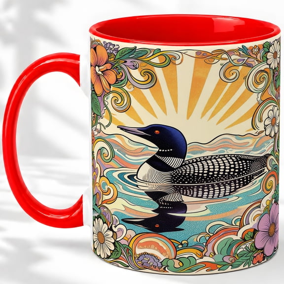 Loon Lake Reflection Coffee Mug, Common Loon Mug, Morning Tea Cup for Home, Black Waterbird with Ripple Waves and Floral Border, Retro Lakeside Art, Birdwatching Wildlife Lover