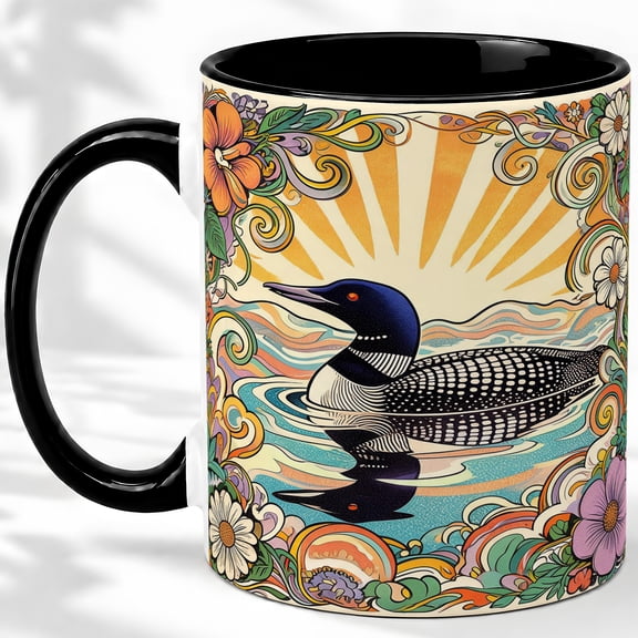 Loon Lake Reflection Coffee Mug, Common Loon Mug, Morning Tea Cup for Home, Black Waterbird with Ripple Waves and Floral Border, Retro Lakeside Art, Birdwatching Wildlife Lover
