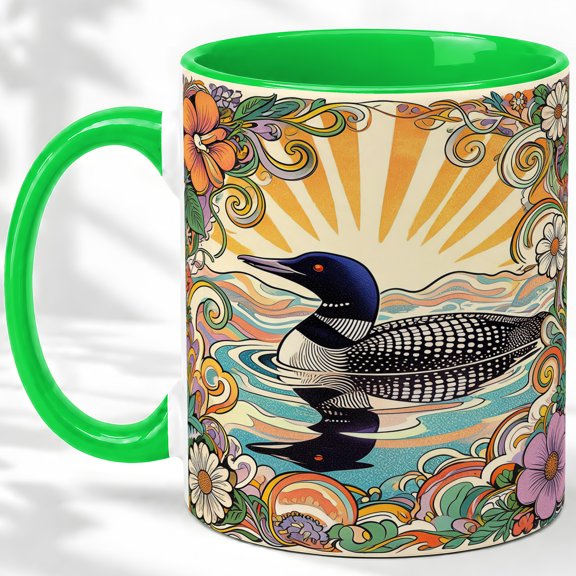 Loon Lake Reflection Coffee Mug, Common Loon Mug, Morning Tea Cup for Home, Black Waterbird with Ripple Waves and Floral Border, Retro Lakeside Art, Birdwatching Wildlife Lover