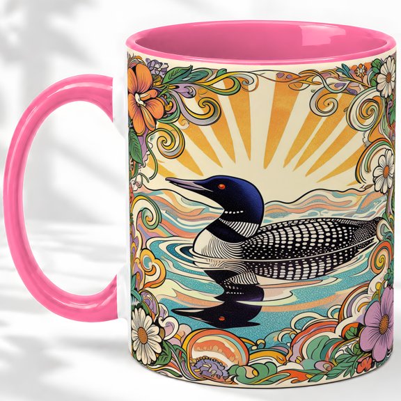 Loon Lake Reflection Coffee Mug, Common Loon Mug, Morning Tea Cup for Home, Black Waterbird with Ripple Waves and Floral Border, Retro Lakeside Art, Birdwatching Wildlife Lover