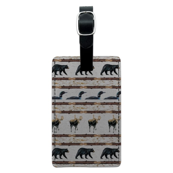 Loon Moose Bear Lodge Log Cabin Rectangle Leather Luggage Card Suitcase Carry-On ID Tag
