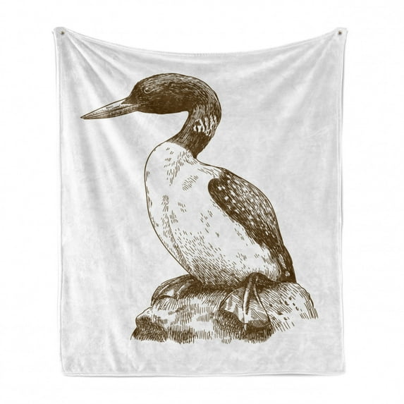 Loon Soft Flannel Fleece Throw Blanket, Antique Looking Drawing Illustration of a Northern Loon Animalistic, Cozy Plush for Indoor and Outdoor Use, 60" x 80", Dark Cocoa and White, by Ambesonne