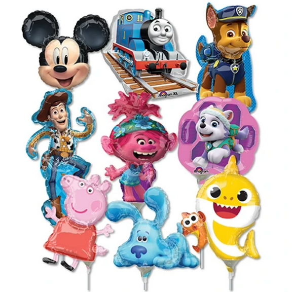 LoonBalloon 14 Inch Preschool Character Theme Mini Shape Stick Balloons Value Pack (16 Pack)-Pre-Inflated