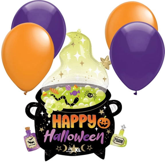 LoonBalloon 30" Halloween Witch’s Brew Cauldron Foil Balloon with 4 Latex Balloons – Spooky Party Decoration Set