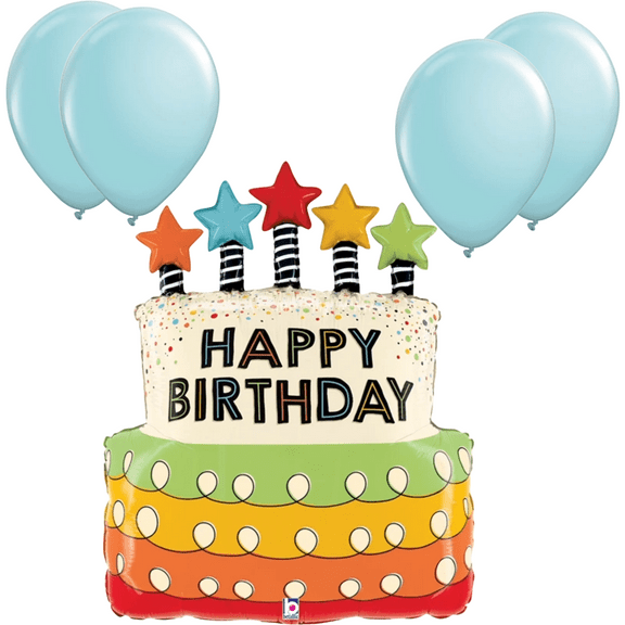 LoonBalloon 31 Inch Birthday Cake Candle Stars Balloon with 4 latex balloons- Festive & Fun