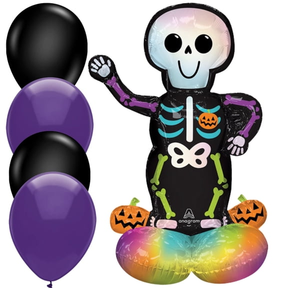 LoonBalloon 35" Bare Bones Skeleton Balloon with 4 Latex Balloons Halloween Air-Fill Party Decoration Set