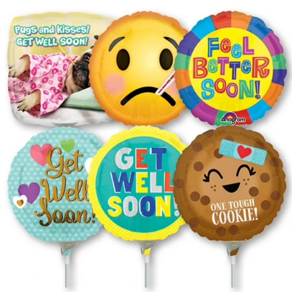 LoonBalloon 9 Inch Get Well Stick Value Pack Balloons (30 Pack) - Pre-Inflated