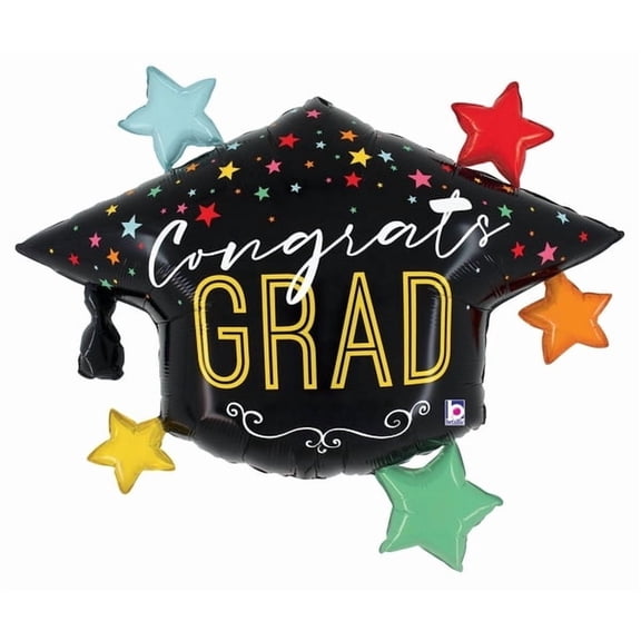 LoonBalloon Grad Hat Foil Balloon 40 Inch Colorful Stars
