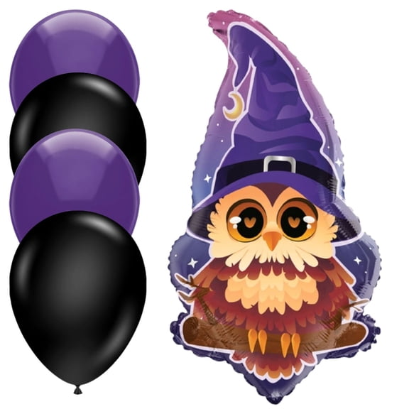 LoonBalloon Halloween Owl Balloon with Witch Hat Medium Size Foil Shape 4 Latex Balloons
