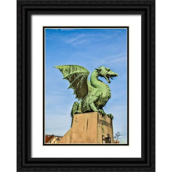 Looney, Hollice 11x14 Black Ornate Wood Framed with Double Matting Museum Art Print Titled - Slovenia-Ljubljana Dragon at the end of the Dragon Bridge
