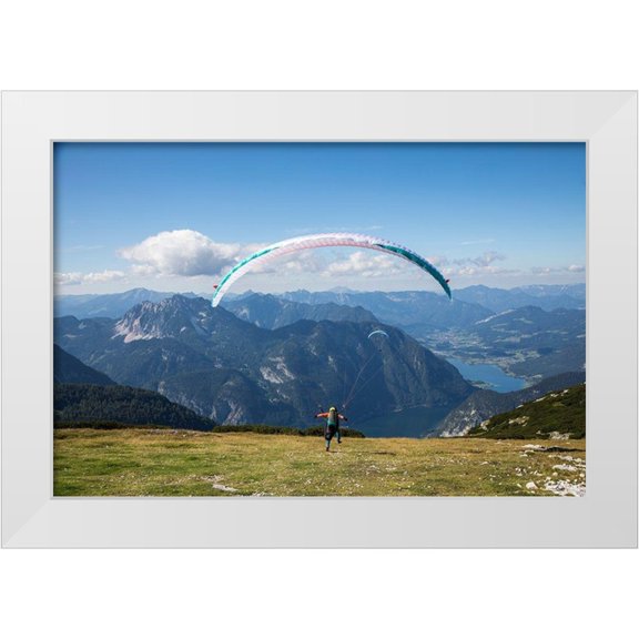 Looney, Hollice 14x11 White Modern Wood Framed Museum Art Print Titled - Austria-Dachstein-Paragliders as they prepare to take off above Lake Hallstatt