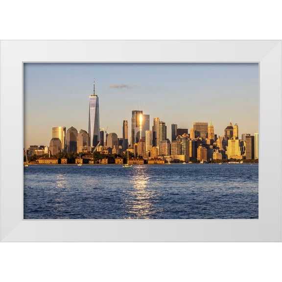 Looney, Hollice 14x11 White Modern Wood Framed Museum Art Print Titled - USA-New York View of New York City skyline at sunset from Port Liberte in Jersey City-New Jersey