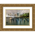thumbnail image 1 of Looney, Hollice 18x13 Gold Ornate Wood Framed with Double Matting Museum Art Print Titled - USA-New York Downtown view from Pier 1-wooden pilings in front of river in Brooklyn Heights, 1 of 4