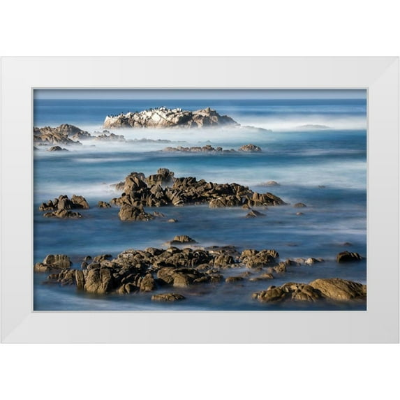 Looney, Hollice 24x17 White Modern Wood Framed Museum Art Print Titled - California-Pacific Grove-Ocean View Drive-Dreamy View of Boulders in the Ocean Surf