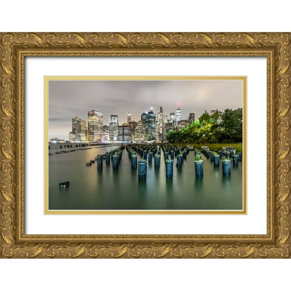Looney, Hollice 32x23 Gold Ornate Wood Framed with Double Matting Museum Art Print Titled - USA-New York Downtown view from Pier 1-wooden pilings in front of river in Brooklyn Heights