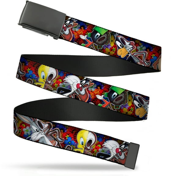 Adjustable Belt, Clamp Buckle, Cut-to-Fit, Looney Tunes Anatomy Character Poses Black