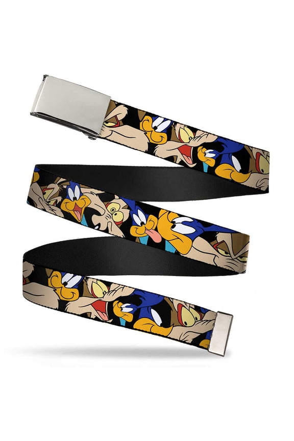 Adjustable Belt, Clamp Buckle, Cut-to-Fit, Road Runner Wile E Coyote Expressions Stacked Black