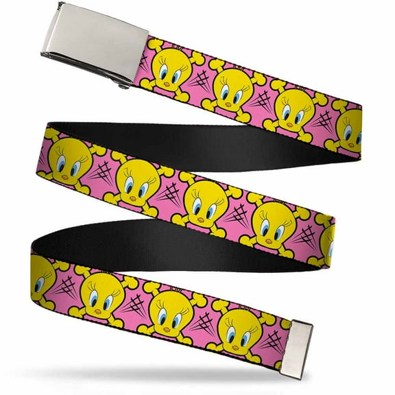 Adjustable Belt, Clamp Buckle, Cut-to-Fit, Tweety Bird Crossbones Pink Black Yellow