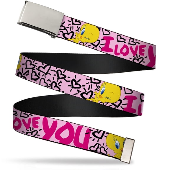 Adjustable Belt, Clamp Buckle, Cut-to-Fit, Tweety Bird I Love You Pink Black