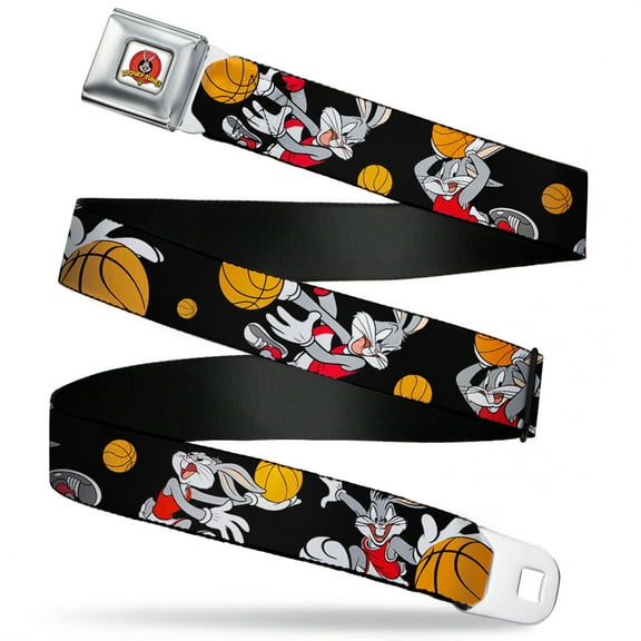 Looney Tunes Belt, Seatbelt Buckle Belt, Bugs Bunny Basketball Poses Black, 30 to 44 Inches