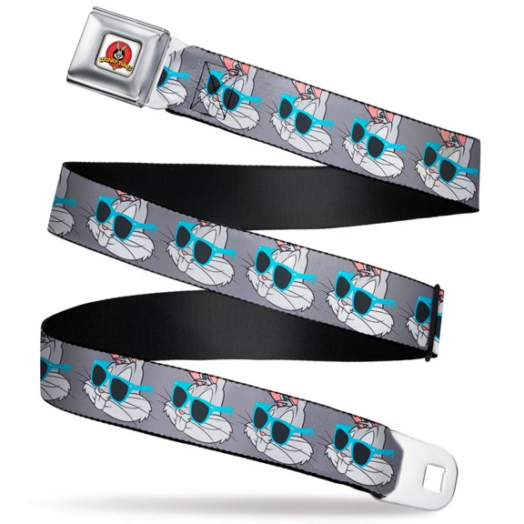 Looney Tunes Belt, Seatbelt Buckle Belt, Bugs Bunny Sunglasses Expression Gray, 30 to 44 Inches