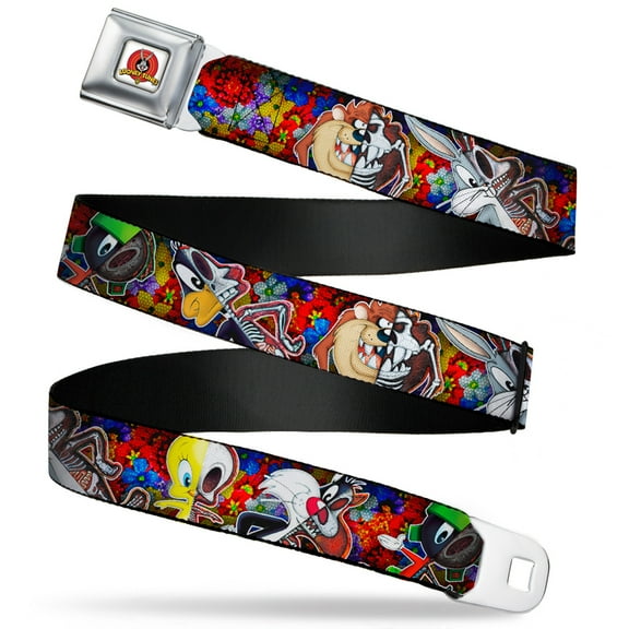 Looney Tunes Belt, Seatbelt Buckle Belt, Looney Tunes Anatomy Character Poses Black, Youth 22 to 32 Inches