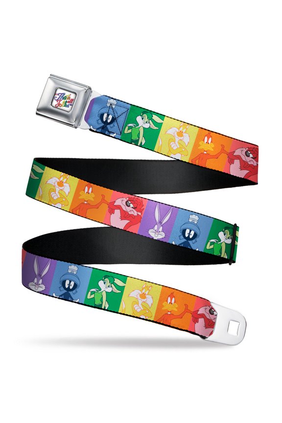 Looney Tunes Belt, Seatbelt Buckle Belt, Looney Tunes Character Pose Pride Blocks Multi Color, Youth 20 to 36 Inches
