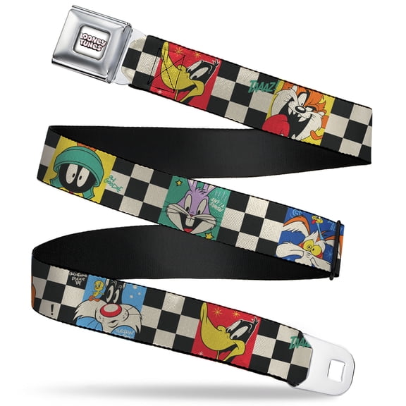 Looney Tunes Belt, Seatbelt Buckle Belt, Looney Tunes Checker Pose Blocks Black White Multi Color, Youth 22 to 32 Inches