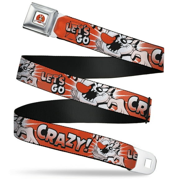 Looney Tunes Belt, Seatbelt Buckle Belt, Looney Tunes Taz Tasmanian Devil Lets Go Crazy Pose Reds, 30 to 44 Inches