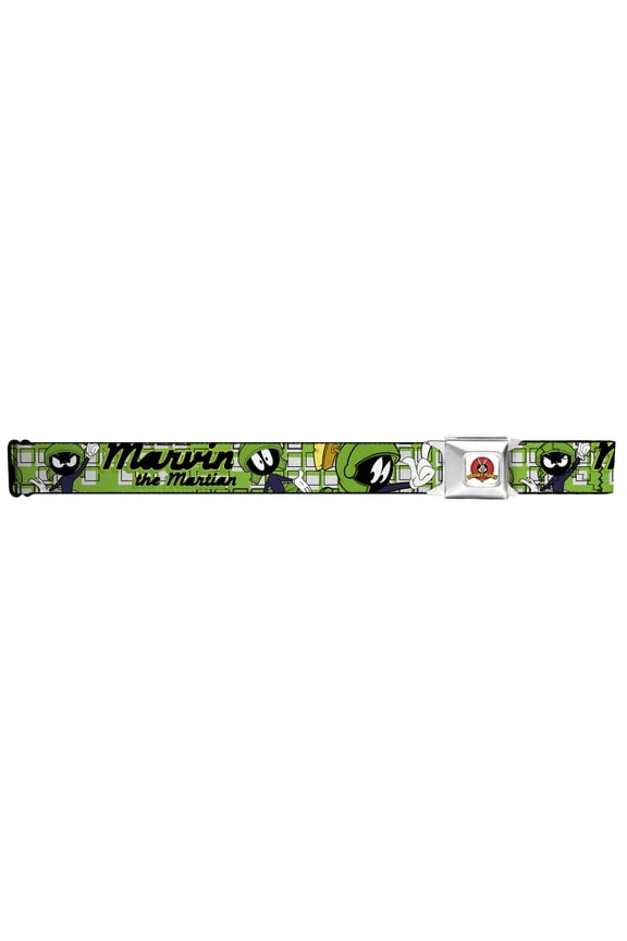 Belt, Seatbelt Buckle Belt, Marvin the Martian Poses White Green, 30 to 44 Inches