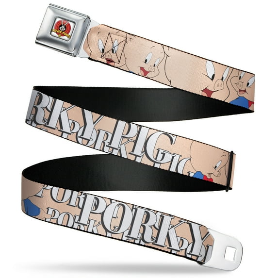 Looney Tunes Belt, Seatbelt Buckle Belt, Porky Pig Poses Pink, 30 to 44 Inches