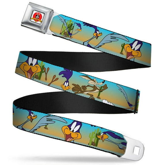 Looney Tunes Belt, Seatbelt Buckle Belt, Road Runner Wile E Coyote Scene Desert, Youth 20 to 36 Inches