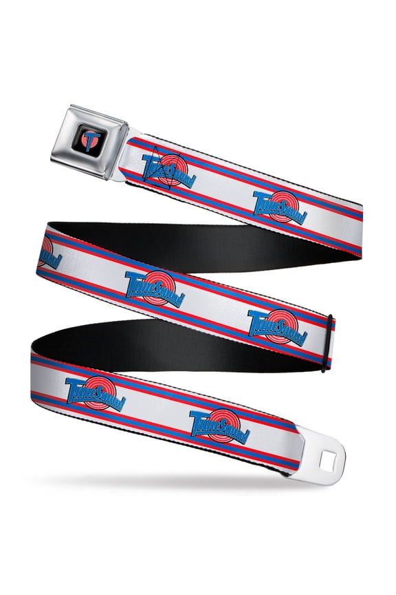 Looney Tunes Belt, Seatbelt Buckle Belt, Space Jam Tune Squad Logo Stripe White Red Blue, 32 to 52 Inches