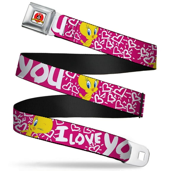 Looney Tunes Belt, Seatbelt Buckle Belt, Tweety Bird I Love You Fuchsia White, 30 to 44 Inches