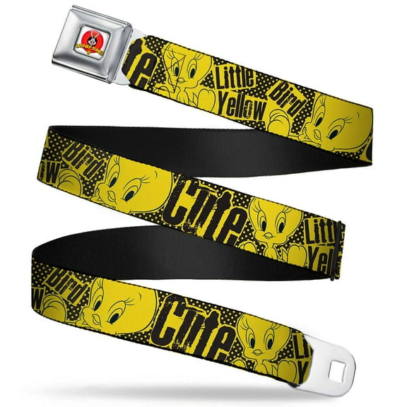 Looney Tunes Belt, Seatbelt Buckle Belt, Tweety Bird Poses Cute Little Yellow Bird Yellow Black, Youth 22 to 32 Inches