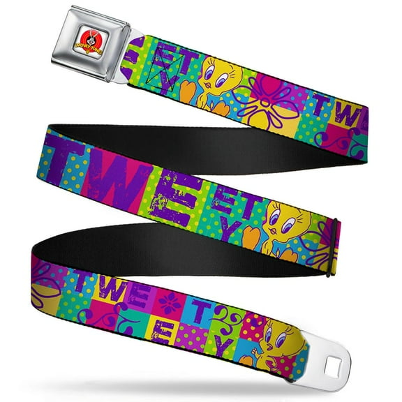 Looney Tunes Belt, Seatbelt Buckle Belt, Tweety Letter Blocks Polka Dot Multi Color, 30 to 44 Inches