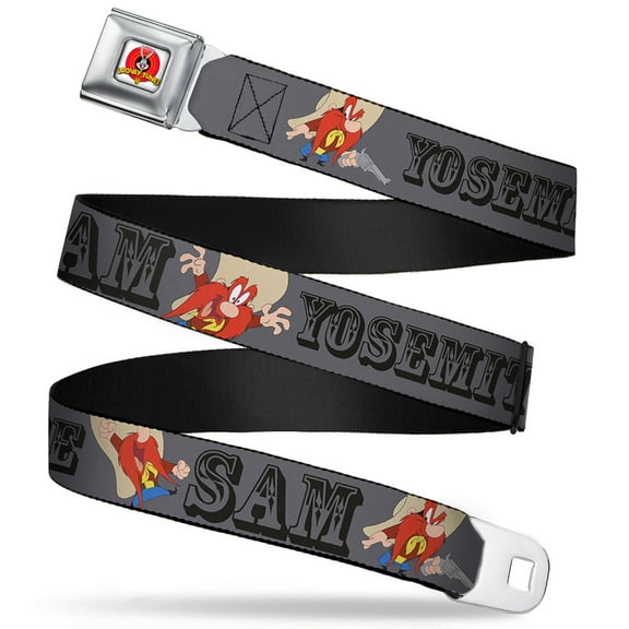 Looney Tunes Belt, Seatbelt Buckle Belt, Yosemite Sam Poses Gray, 34 to 52 Inches