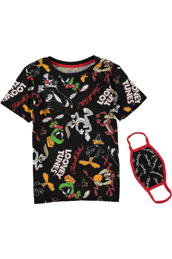 Looney Tunes Boys Short Sleeve T-Shirt Bundle with Face Mask 6-7, Black