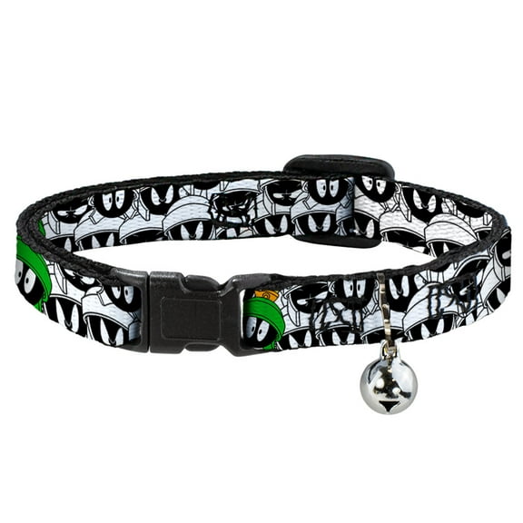 Looney Tunes Breakaway Cat Collar With Bell, Plastic Clip, Easy Adjustable, Marvin the Martian Expressions Stacked White Black Green Gold, 8.5 to 12 Inches 0.5 Inch Wide