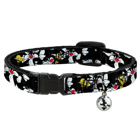 Looney Tunes Breakaway Cat Collar With Bell, Plastic Clip, Easy Adjustable, Sylvester And Tweety Poses Scattered Charcoal, 8.5 to 12 Inches 0.5 Inch Wide