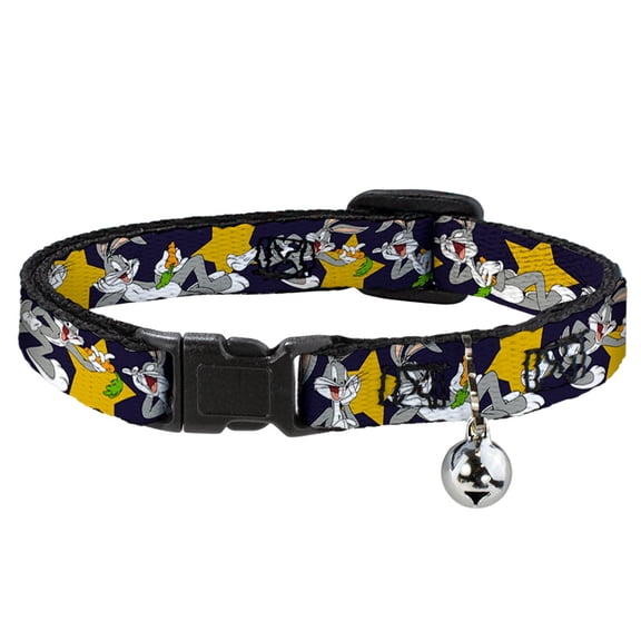 Looney Tunes Breakaway Cat Collar With Bell, Plastic Clip, Easy Adjustable, Bugs Bunny Poses Stars Navy, 8.5 to 12 Inches 0.5 Inch Wide