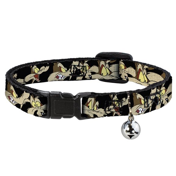 Looney Tunes Breakaway Cat Collar With Bell, Plastic Clip, Easy Adjustable, Wile E Coyote Expressions Black, 8.5 to 12 Inches 0.5 Inch Wide