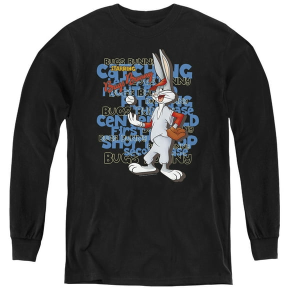 Looney Tunes Bugs Bunny Baseball Kids Long Sleeve T Shirt (Large) for Youth Boys and Girls, Black