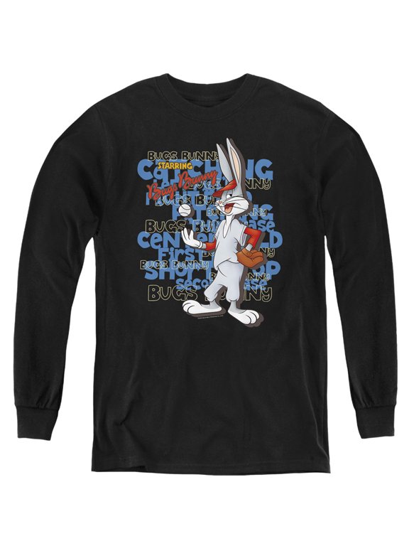 Bugs Bunny Baseball Kids Long Sleeve T Shirt (Large) for Youth Boys and Girls, Black