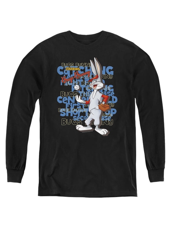 Bugs Bunny Baseball Kids Long Sleeve T Shirt (Small) for Youth Boys and Girls, Black