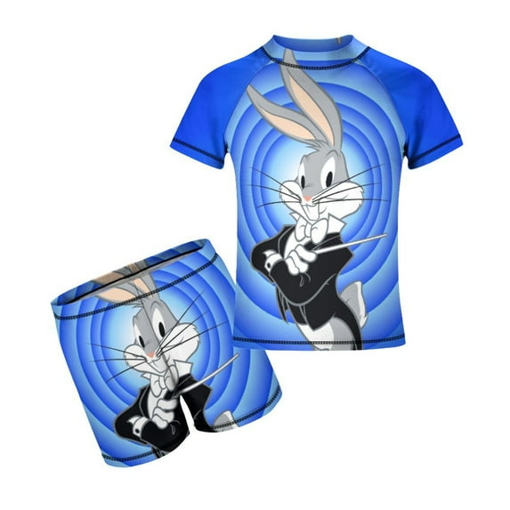 Looney Tunes Bugs Bunny Boys 2-Piece Swimsuit Set, Short Sleeve Rash Guard & Swim Trunks