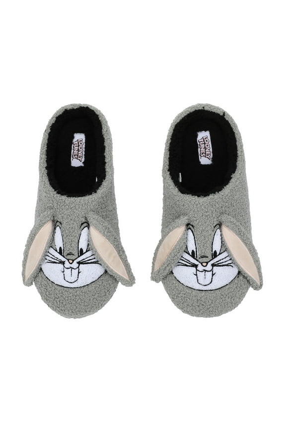 Looney Tunes Bugs Bunny Face Adult Gray Scuff Slippers-M