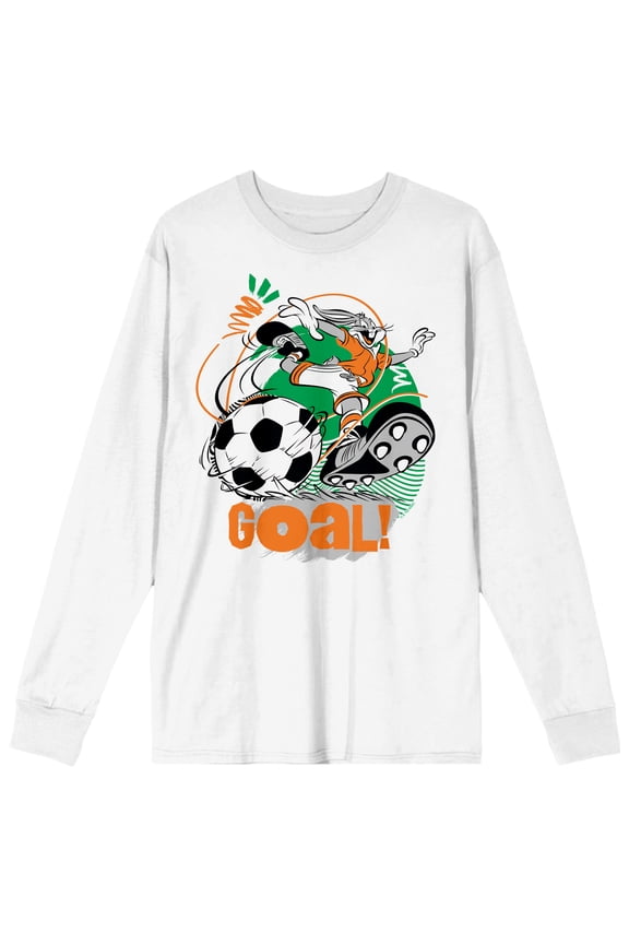 Looney Tunes Bugs Bunny Kicking Soccer Ball Adult White Crew Neck Long Sleeve Tee-Large
